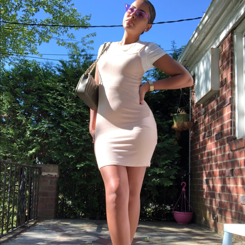 Beige dress over White Top